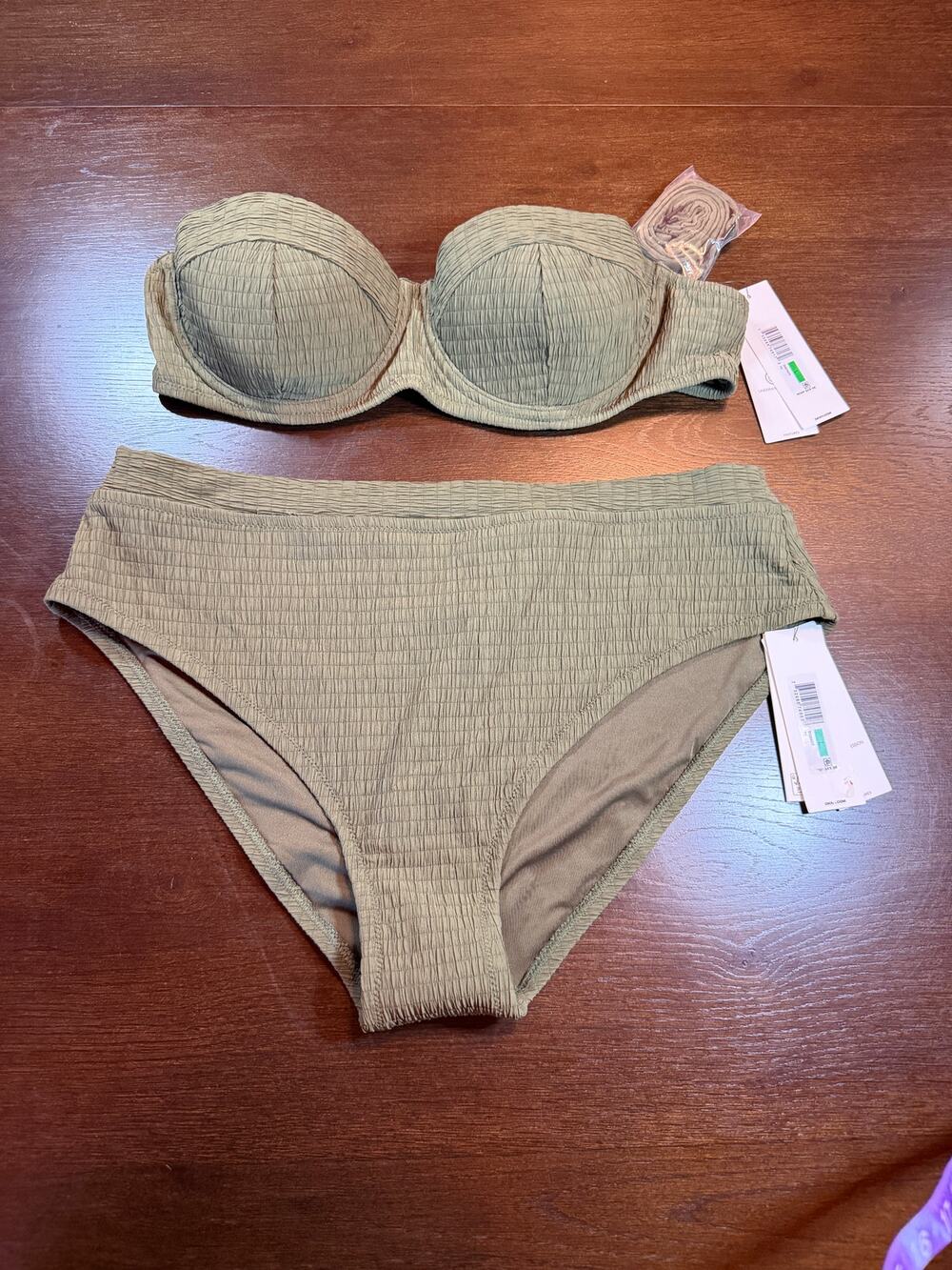NWT DKNY Olive Textured Underwire Bikini Set High Waist Strapless Swim